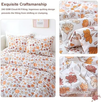 Mooreeke Floral Queen Size Comforter Sets, Orange and Red Vintage Floral Patterned Bedding for All Seasons, 3-Piece Vintage Bed in a Bag with Fluffy Quilted Reversible Comforter & 2 Pillow Shams