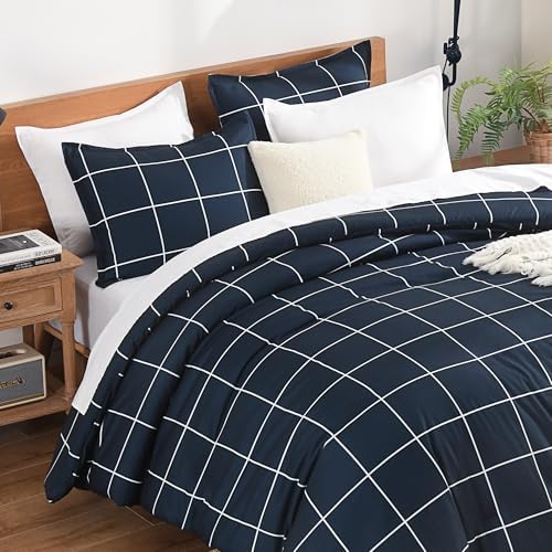 Andency Twin Comforter Sets Navy, Gingham Plaid Grid Checkered Bedding Set