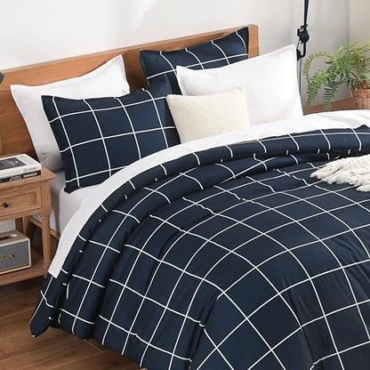 Andency Twin Comforter Sets Navy, Gingham Plaid Grid Checkered Bedding Set