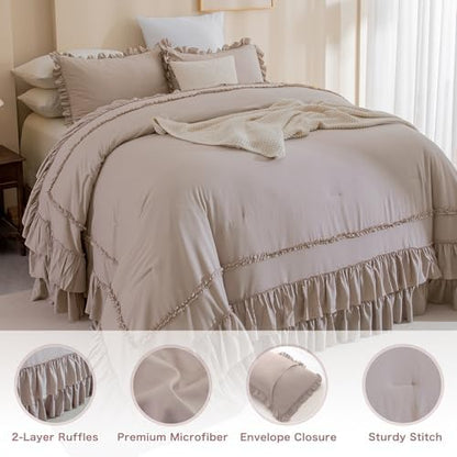 Masaca Oversized King Comforter 120x120,3 Pieces Farmhouse Ruffle Bedding Comforter Set,Taupe Shabby Boho Chic Cal King Comforter Oversized,Lightweight Rustic Bedding Set Ultra Soft