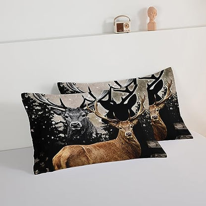 HOSIMA Snowy Forest Deer Comforter Set with 2 Pillowcases,Camo American Flag King Size Comforter Set Hunting Bedding for Teen Mens Bedroom Essentials,Wildlife Elk Comforter Boys Room Decor.
