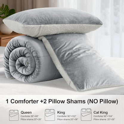 Fluffy Sherpa Cal King Comforter Set, Thick Bedding Set 3PC, Light Grey