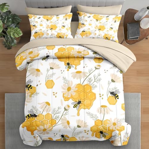 Pamnest Full Comforter Set with Sheets, 7 Pieces Bees Honey Bedding