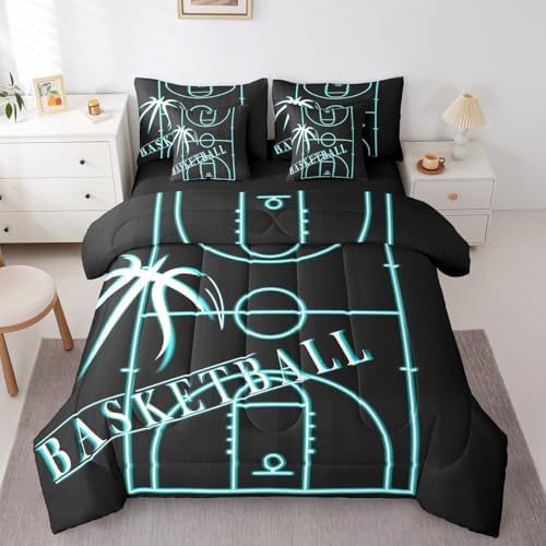 Sports Bedding Twin Size 7Pcs for Boys Basketball Comforter Set, Basketball Game Bedding Comforter Sets Black Teal Bed in a Bag, Neon Blue Basketball Court Bedding Accessories (Black Reversible)