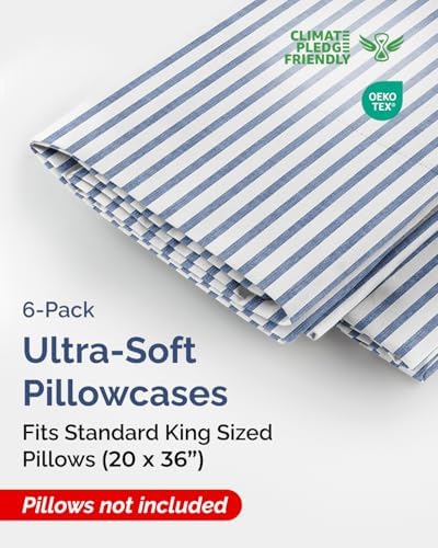 King Standard Pillow Cases Set of 6 - Soft Pillowcase Covers - Blue Stripes