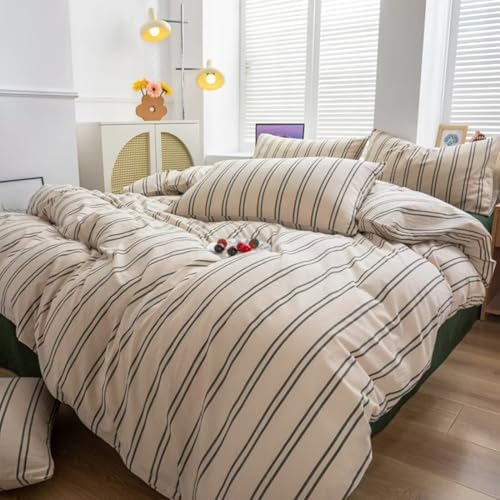 Mucalis Beige Duvet Cover Queen Size with Green Striped 100% Washed Cotton Duvet Cover Set Full Vintage 3 Piece Stripes Pattern Bedding Set with Zipper Closure Corner Ties,Durable,Breathable,Easy care