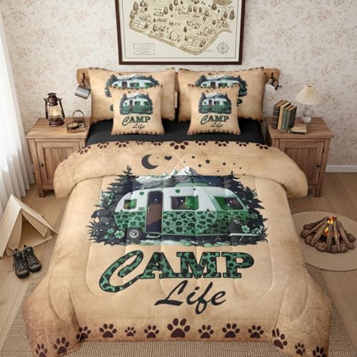 Happy Camping Bed In A Bag Twin Size Leopard Print Camper Comforter Set With Sheets For Kids Teens Adult Bedroom Decor Rustic Cabin Lodge 7 Piece Bedding Set Vintage Rv Farmhouse Bed Sets, Brown Green