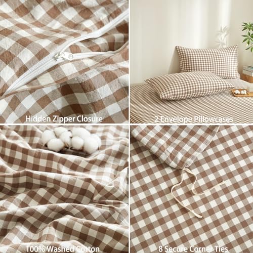Gingham Duvet Cover Set 3 Piece 100% Washed Cotton Linen Feel Modern Plaid Checkered Bedding Comfy Breathable (Brown/White Gingham, Full)