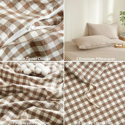 Gingham Duvet Cover Set 3 Piece 100% Washed Cotton Linen Feel Modern Plaid Checkered Bedding Comfy Breathable (Brown/White Gingham, Full)