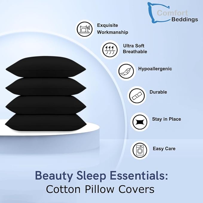 Comfort Beddings Queen Pillowcases Set of 4 – 100% Organic Cotton, 600 Thread Count Sateen, Soft & Comfy Pillow Covers with Envelope Closure, Black, Queen Size 20 x 30 Inches