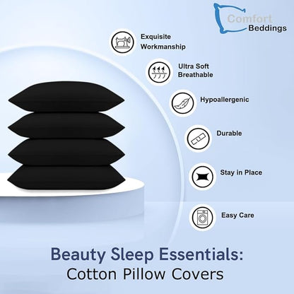 Comfort Beddings Queen Pillowcases Set of 4 – 100% Organic Cotton, 600 Thread Count Sateen, Soft & Comfy Pillow Covers with Envelope Closure, Black, Queen Size 20 x 30 Inches
