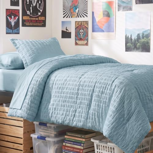 CozyLux Twin XL Comforter Set, 5 Pieces Light Blue Seersucker Bed in a Bag