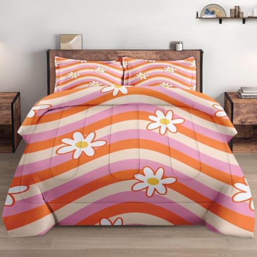 Pamnest Comforter Set King Size, Daisy Retro Orange Soft 3 Pcs Bedding for Kids and Adults, Pink Hippie Aesthetic Comforter Set with 2 Pillowcases, for Bedroom Bed Decor