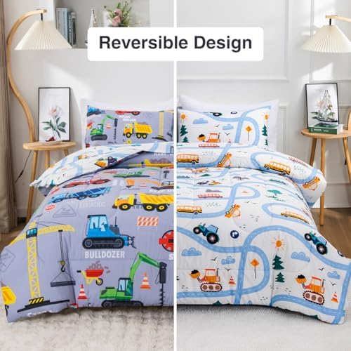 Holawakaka Boys Construction Truck Excavator Full Comforter Set with Sheets