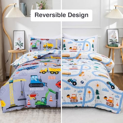 Holawakaka Boys Construction Truck Excavator Full Comforter Set with Sheets