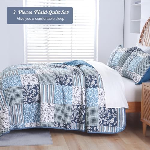 Mybedsoul Navy Blue Quilts Set Queen Size, Patchwork Floral Bedding Set