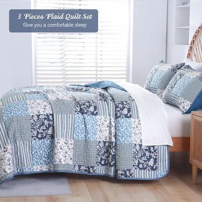 Mybedsoul Navy Blue Quilts Set Queen Size, Patchwork Floral Bedding Set