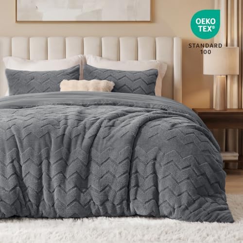 Love's cabin Fleece King Comforter Set, Fluffy Reversible Bedding, Grey