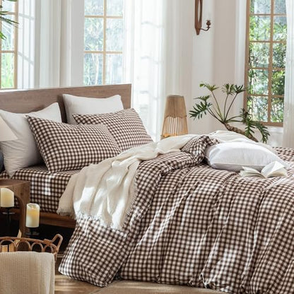 MooMee Gingham Duvet Cover Set 100% Washed Cotton Linen Like