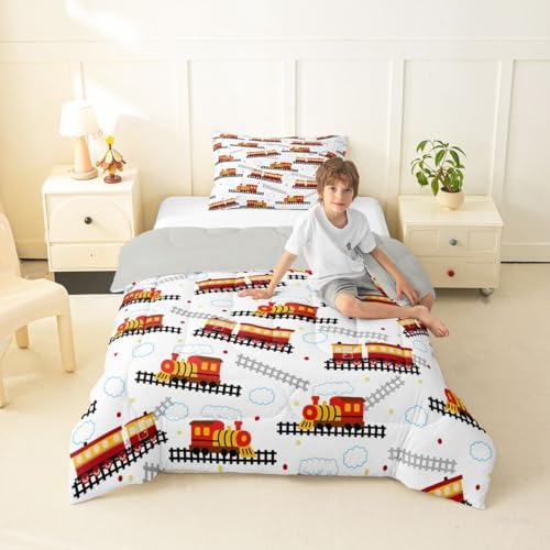Feelyou Red Vintage Train Comforter Set Toddler Size Retro Steam Locomotive Down Bedding Set for Kids Boys Girls Transportation Vehicles Duvet Quilt Bedroom Decor Microfiber 2 Pcs with 1 Pillow Case