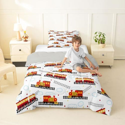Feelyou Red Vintage Train Comforter Set Toddler Size Retro Steam Locomotive Down Bedding Set for Kids Boys Girls Transportation Vehicles Duvet Quilt Bedroom Decor Microfiber 2 Pcs with 1 Pillow Case