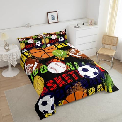 Ball Sports Games Bedding Set King Size Football Basketball Rugby Comforter for Child Teens Boys Colorful Tie Dye Graffiti Down Comforter Bedroom Decor Geometric Duvet Insert with 2 Pillowcases