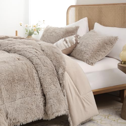 Smoofy Fluffy King Size Comforter Set, Oatmeal Faux Fur Comforter Set 3 Pcs