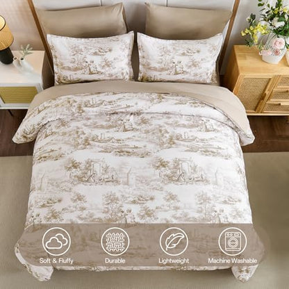 WONGS BEDDING Brown Comforter Set Queen Size, 7 Pieces Botanical Comforters with Sheets, Soft Microfiber Farmhouse Floral Complete Bedding Sets for All Season