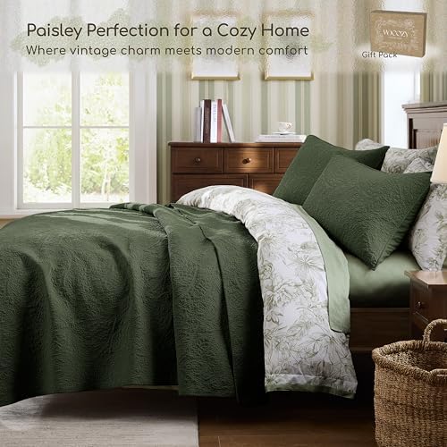 WDCOZY King 100% Cotton Paisley Quilt Bedding Set Olive Green Comforter