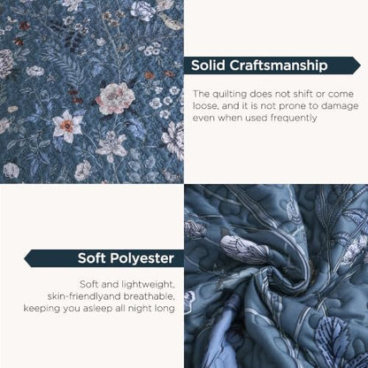Litanika Floral Navy Quilt King - 3Pcs Botanical Birds Bedding Set