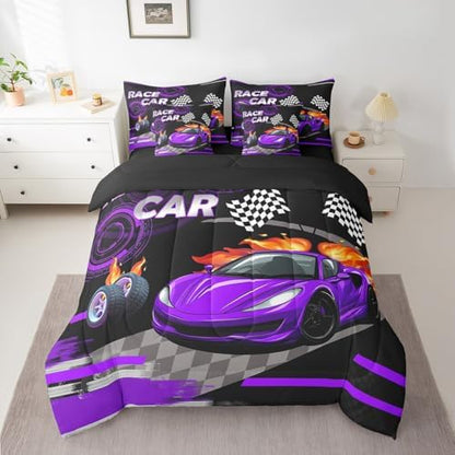 Feelyou Purple Race car Comforter Set Full Size 7 Pcs Bedding Set Kids