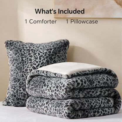 BEDELITE Faux Fur Twin Comforter Set Grey Cheetah,Warm Comforter for Winter