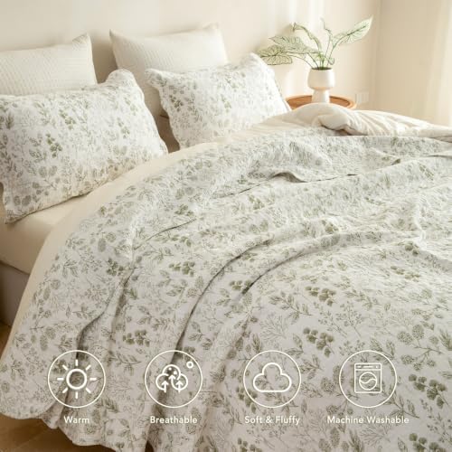 Lady Ann 100% Cotton Queen Quilt Set, Soft Cottagecore Green Leaves Botanical Pattern Printed Quilted Bedspread & Coverlet, 3 PCS Lightweight Queen Bedding Set for All Season