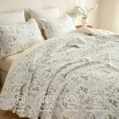 Lady Ann 100% Cotton Queen Quilt Set, Soft Cottagecore Green Leaves Botanical Pattern Printed Quilted Bedspread & Coverlet, 3 PCS Lightweight Queen Bedding Set for All Season