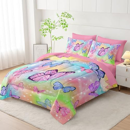 7Pcs Comforter Set Rainbow Butterfly Printed Bedding Set with 1 Comforter, 1 Flat Sheet, 1 Fitted Sheet and 4 Pillowcases for Boys and Girls Bedroom All Season(Queen)