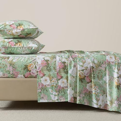 FADFAY Floral Bed Sheets Set Queen Size 100% Cotton Mint Green Botanical Sheet Sets Countryside Bedding Soft Breathable Girls Lily Flower Printed Deep Pocket Sheet 17.5 inch, 4 Pcs Queen