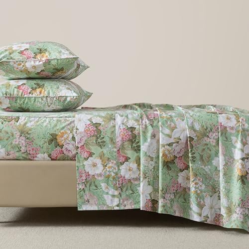FADFAY California King 100% Cotton Bed Sheets Mint Green Floral Sheet Set Lily Flower Printed Colorful Countryside Bedding Set Hydrangea Super Soft DeepPocket Sheet 17.5 inch, 4 Pcs, Cal King