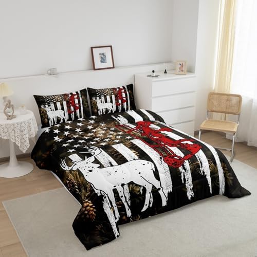 Manfei Deer Comforter Set Full Size, Wildlife Elk Hunting Theme Bedding Set 3pcs for Kids Boys Teens Bedroom Decor, American Flag Deer Quilt Set Wild Animal Duvet Set with 2 Pillowcases