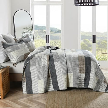 Y-PLWOMEN 100% Cotton King Size Quilt Farmhouse Striped 3-Pieces Bedding