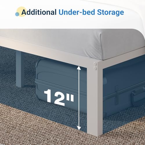 Avenco 14 Inch Queen Bed Frame with Headboard, White Metal Platform Bed Frame, Queen Size Bed Frame No Box Spring Needed, Easy Assembly, Heavy Duty Slats Support