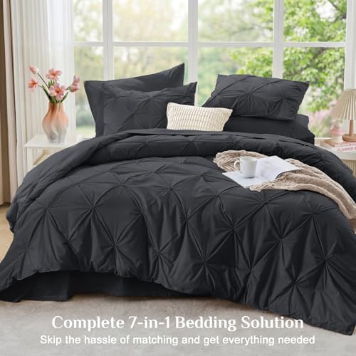 JOLLYVOGUE Queen Comforter Set 7 Pieces - Bed in a Bag Queen for All Season, Pintuck Bedding Comforter Sets with Comforter, Flat Sheet, Fitted Sheet and Pillowcases & Shams, Dark Grey
