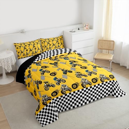 Feelyou Dirt Bike Kids Comforter Set Full Size Racing Motocross Rider Bedding Set Extreme Sports Duvet Quilt for Kids Boys Girls Bedroom Motorbike Decor Motorcycle Microfiber Ultra Soft Breathable