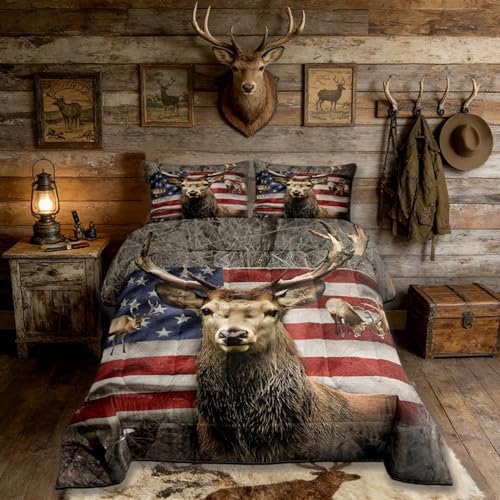 American Flag Deer Comforter Set Queen Size, Brown Wildlife Animal and Trees Theme Bedding Comforters for Children Adult, Colorful USA Flag Print Natural Polyester Duvet Set with 2 Pillowcases