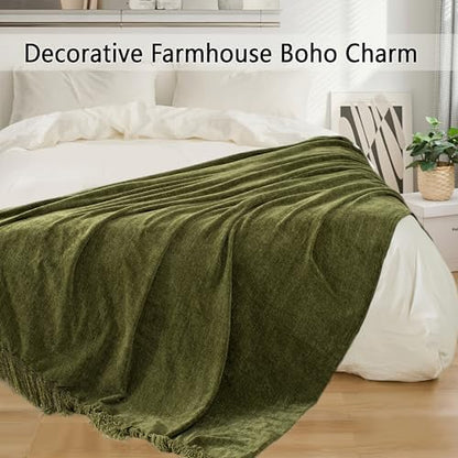Chenille Throw Blanket for Couch 50" x 60", Olive Green