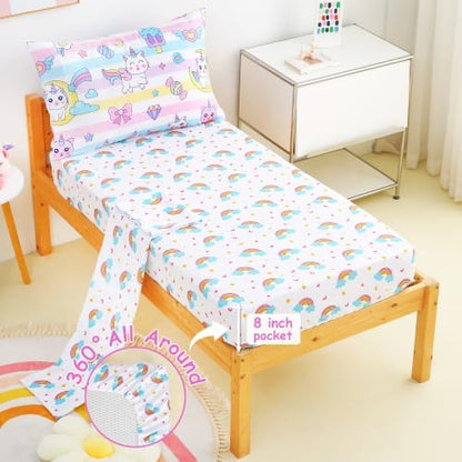 Mooreeke Toddler Bedding Sets for Girls,4 Pieces Cat Rainbow Printed