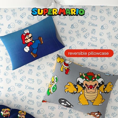 Nintendo Super Mario Bowser Bedding Set, Twin Size 5 Piece Set Kids Super Soft Cozy Reversible Comforter and Sheet Set with Sham, (100% Officially Licensed Product) by Franco