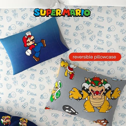 Nintendo Super Mario Bowser Bedding Set, Twin Size 5 Piece Set Kids Super Soft Cozy Reversible Comforter and Sheet Set with Sham, (100% Officially Licensed Product) by Franco