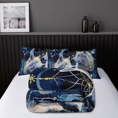 Wolf Dream Catcher Comforter Set - Twin Size Modern Wildlife Animal Tie Dye Wolf Bedding Set for Girls Boys Kids Teens with 2 Pillowcases