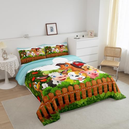 Feelyou Kids Cartoon Comforter Set Cute Farm Animals Comforter Cattle Sheep Pigs Dogs Horses Bedding Set for Boys Girls Farmhouse Duvet Set Soft Room Decor King Size Colorful Quilt Boys