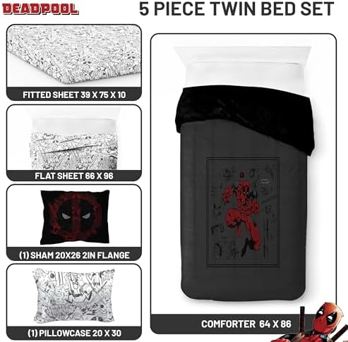 Marvel Deadpool Twin Comforter Set 5 Piece Soft Bedding for Boys, Gray